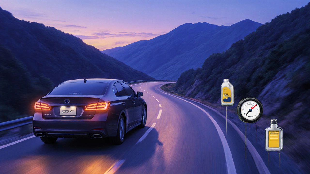 Японский автомобиль на горной дороге вечером, с элементами обслуживания.