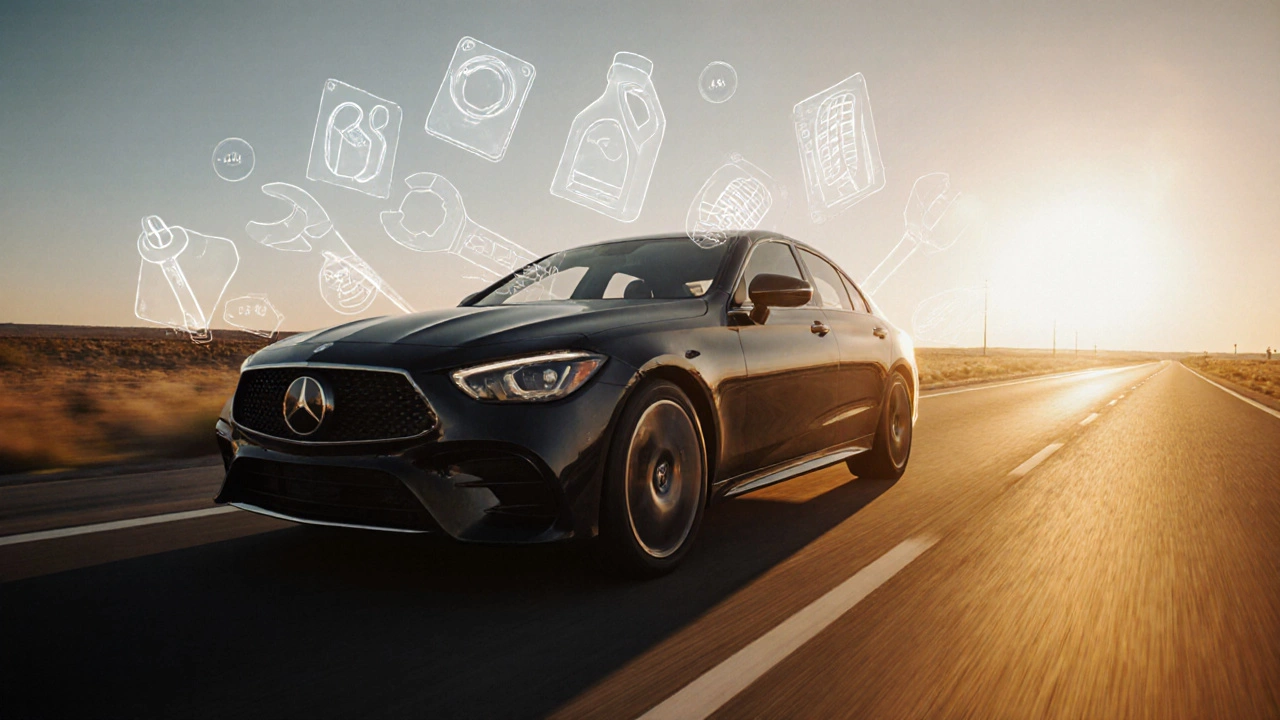 Автомобиль едет по солнечному шоссе, символизируя долговечность.