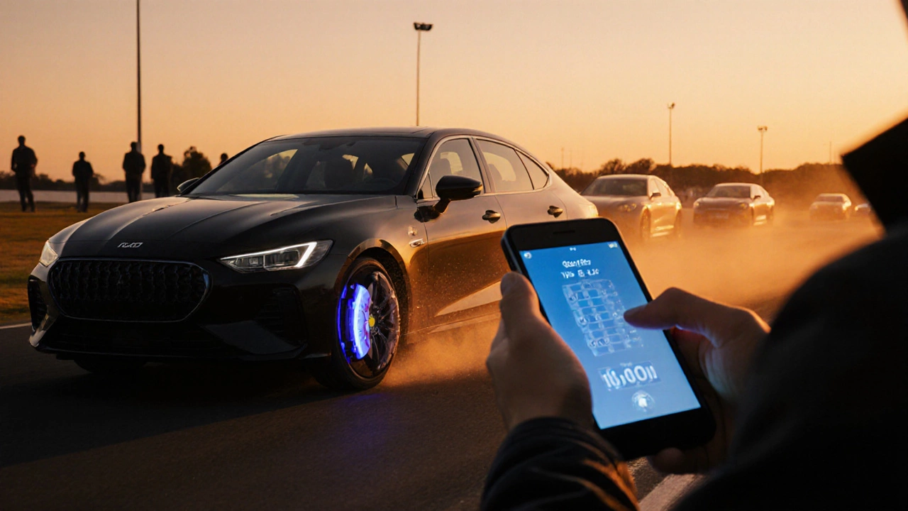 Автомобиль на испытательном полигоне, тормозные колодки BrakeBest в действии, проверка подлинности.