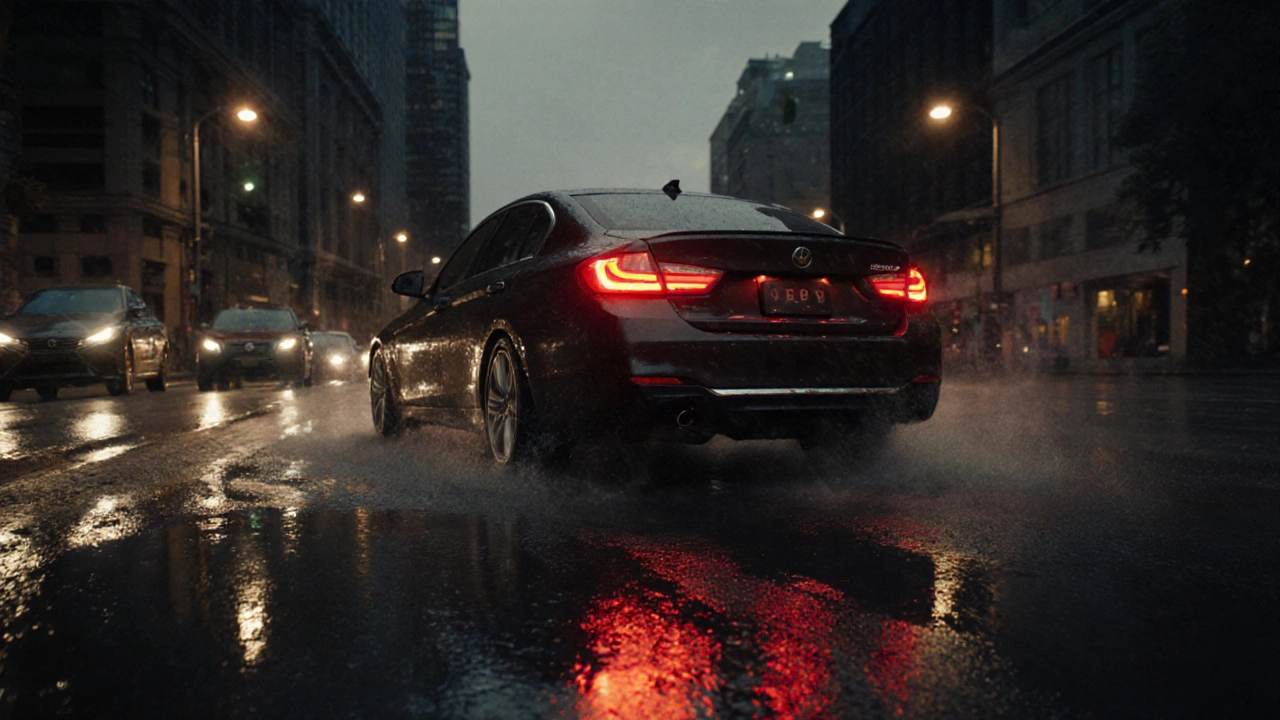 Автомобиль резко тормозит на мокрой городской дороге, свет фар и задних тормозных огней освещают брызги.