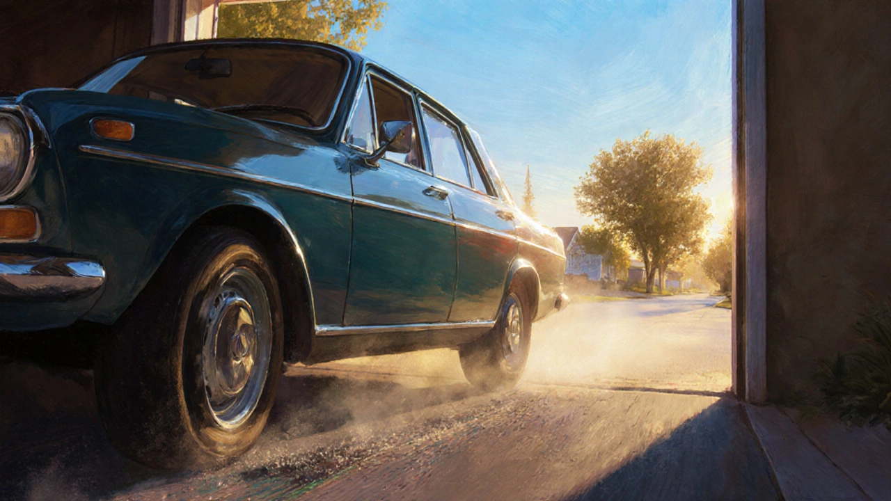 Автомобиль выезжает из гаража на солнечную улицу, блестящий кузов и свежие следы от шин.