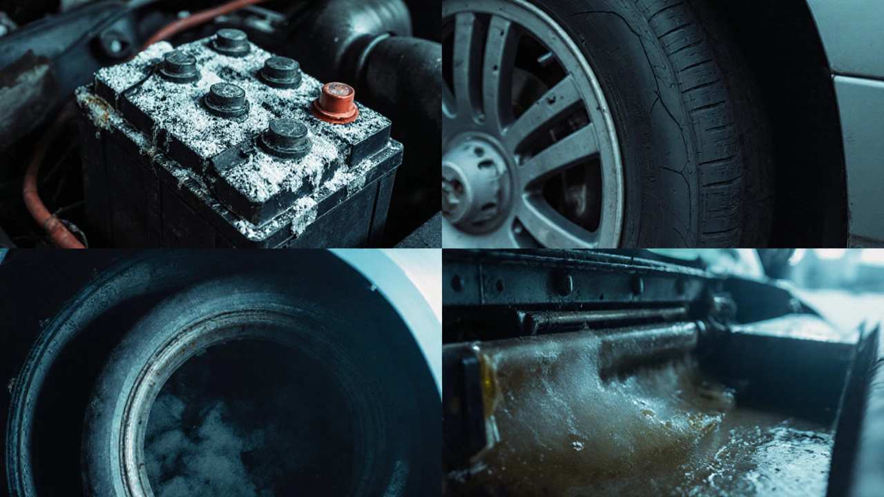 Близкие детали автомобиля: корродирующие клеммы батареи, треснувшие шины, мутный топливный бак и осадок в радиаторе.