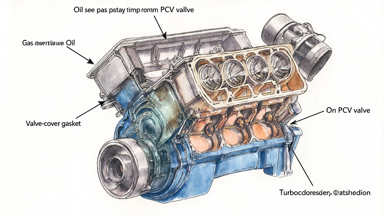 Cutaway engine view showing piston rings, PCV valve, gasket, and turbo.