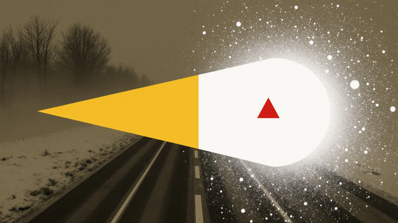 Два луча фар: один четко режет туман, другой рассеивается в ослепительном сиянии — символ выбора света.