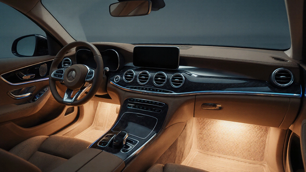 Интерьер автомобиля с кожаным рулем и мягкой подсветкой, без нарушения заводской конструкции.