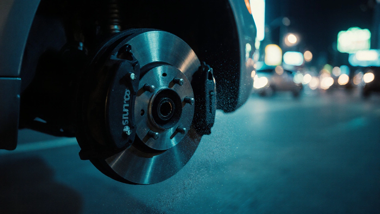 Калипер с органическими колодками в городском освещении, виден лёгкий тормозной пыль.