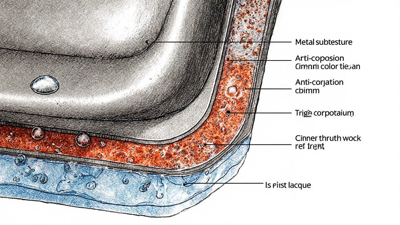 Кросс‑секция панели кузова, показывающая проникновение влаги и образование ржавчины.