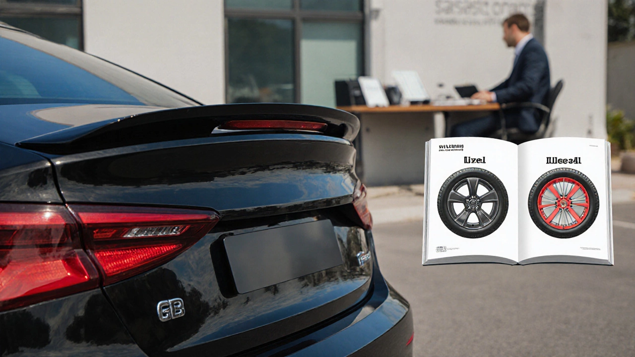 Машина с заводским спойлером и открытым ПТС с указанными параметрами, символизирующий легальный тюнинг.