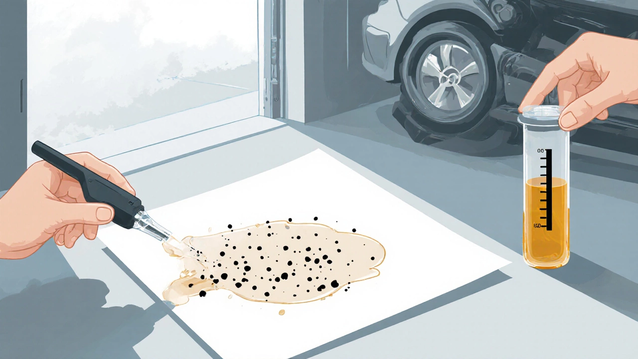 Масло на белой бумаге с черными пятнами, рядом измеритель вязкости.