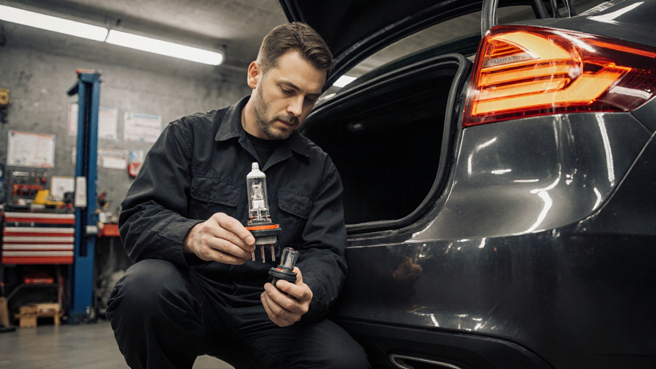 Мастер проверяет и меняет лампу H4 в багажнике автомобиля.