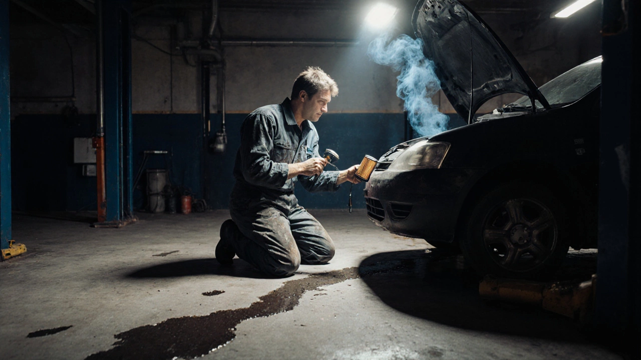Mechanic inspecting PCV valve in dim garage, oil stains and blue smoke visible.