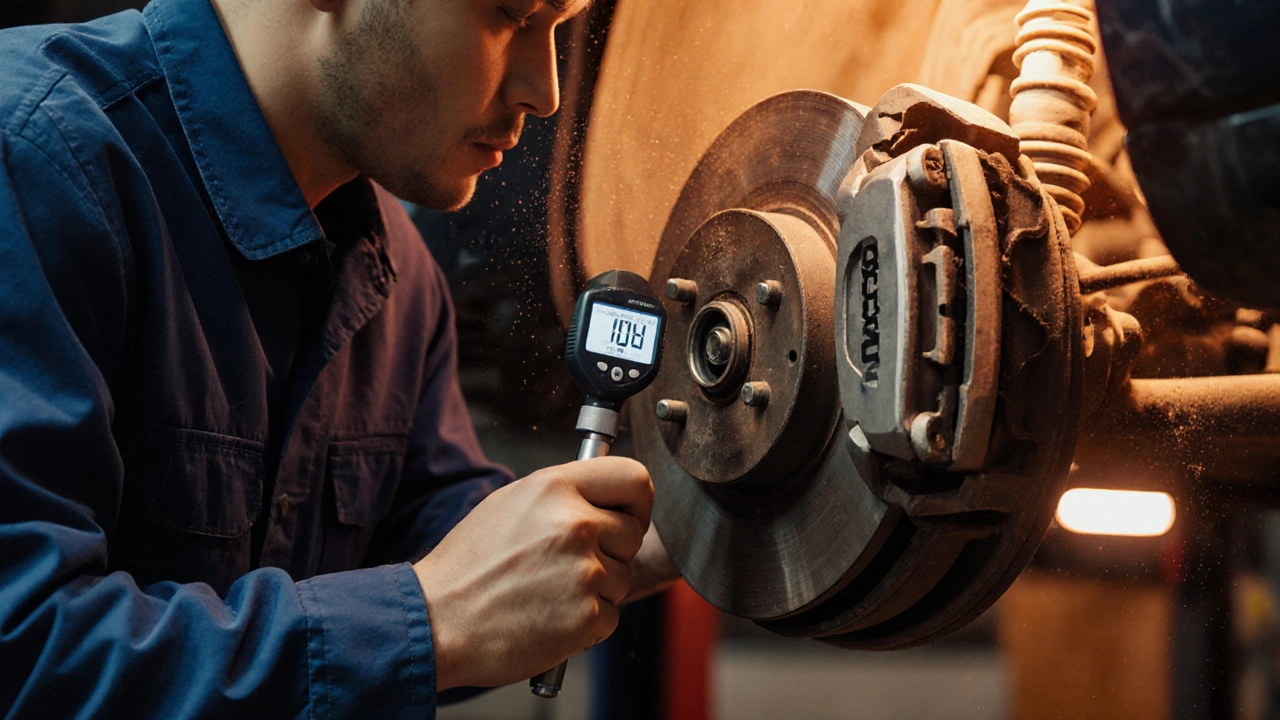 Механик измеряет толщину тормозных колодок с помощью микрометра в гараже.