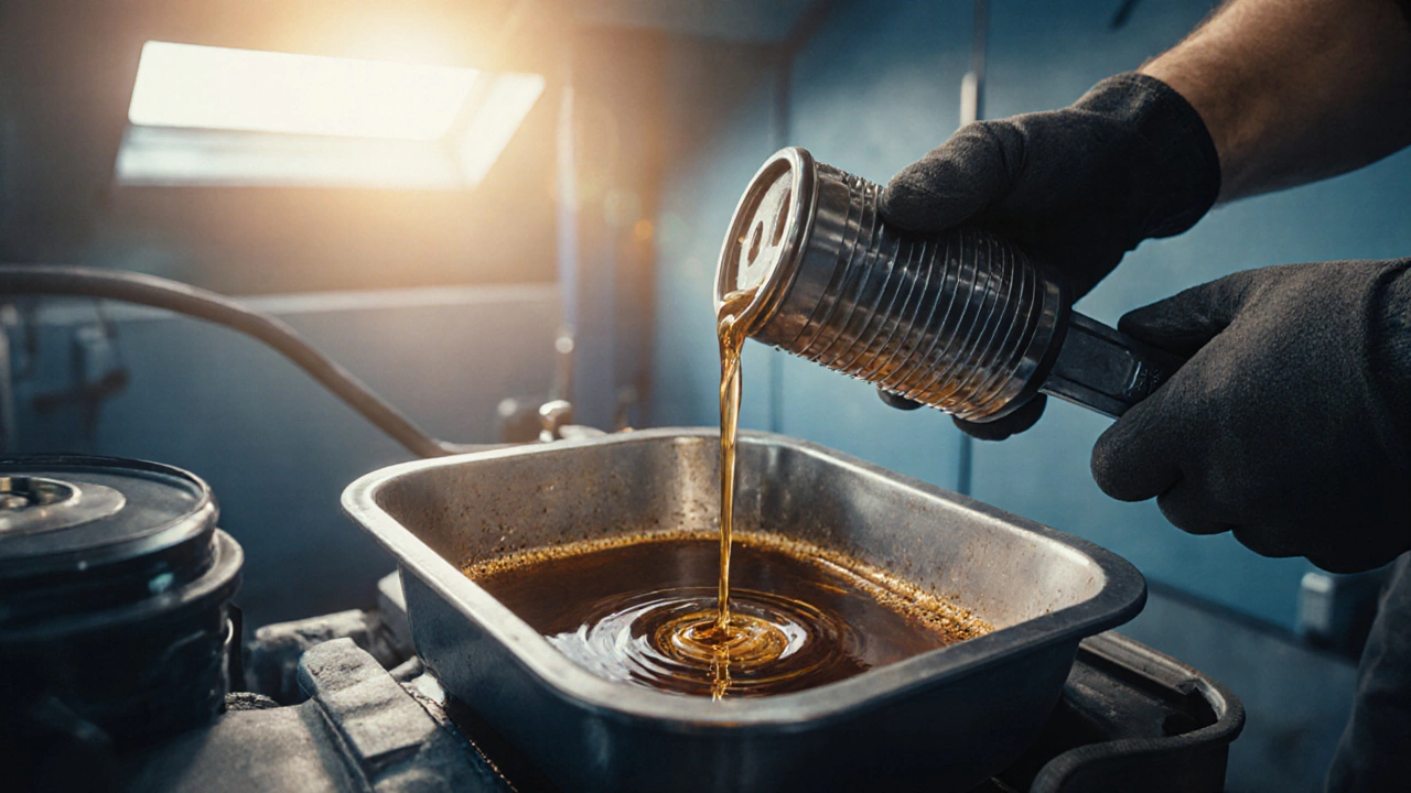 Механик меняет масло: старыe масло стекает, новый фильтр сверкает.