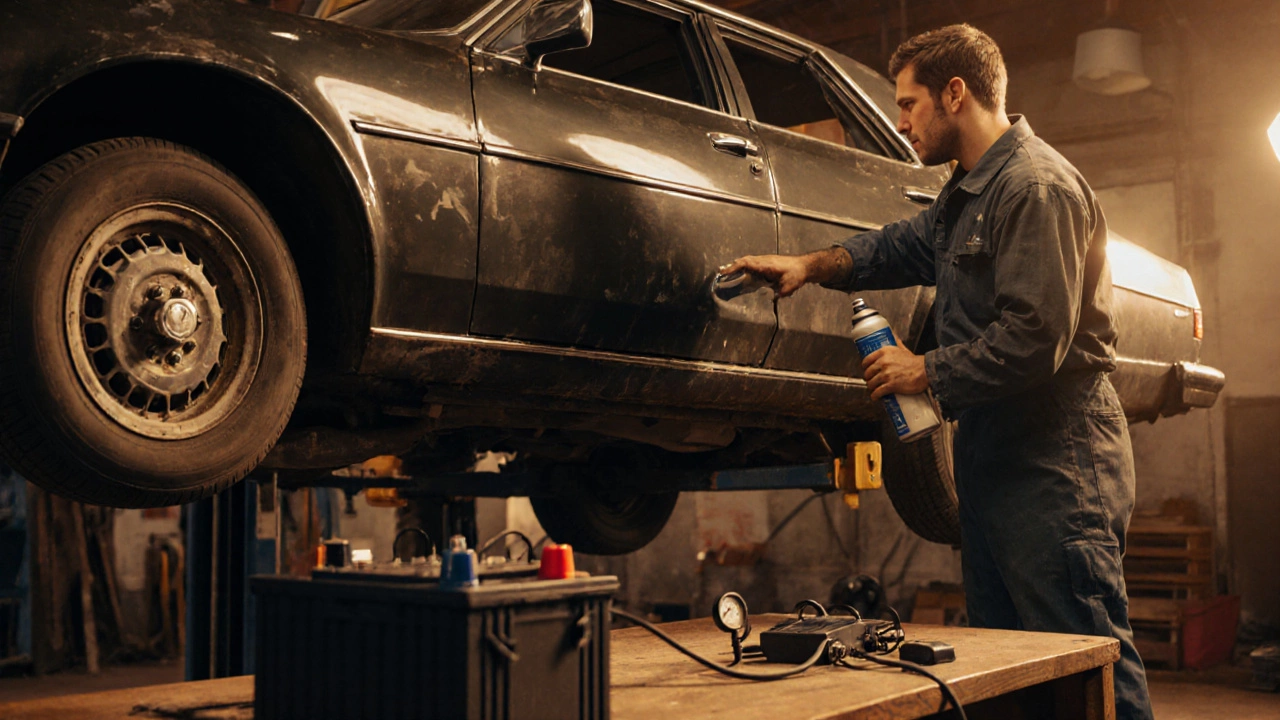 Механик обслуживает автомобиль: поднимает его, наносит защитный слой и отключает аккумулятор.