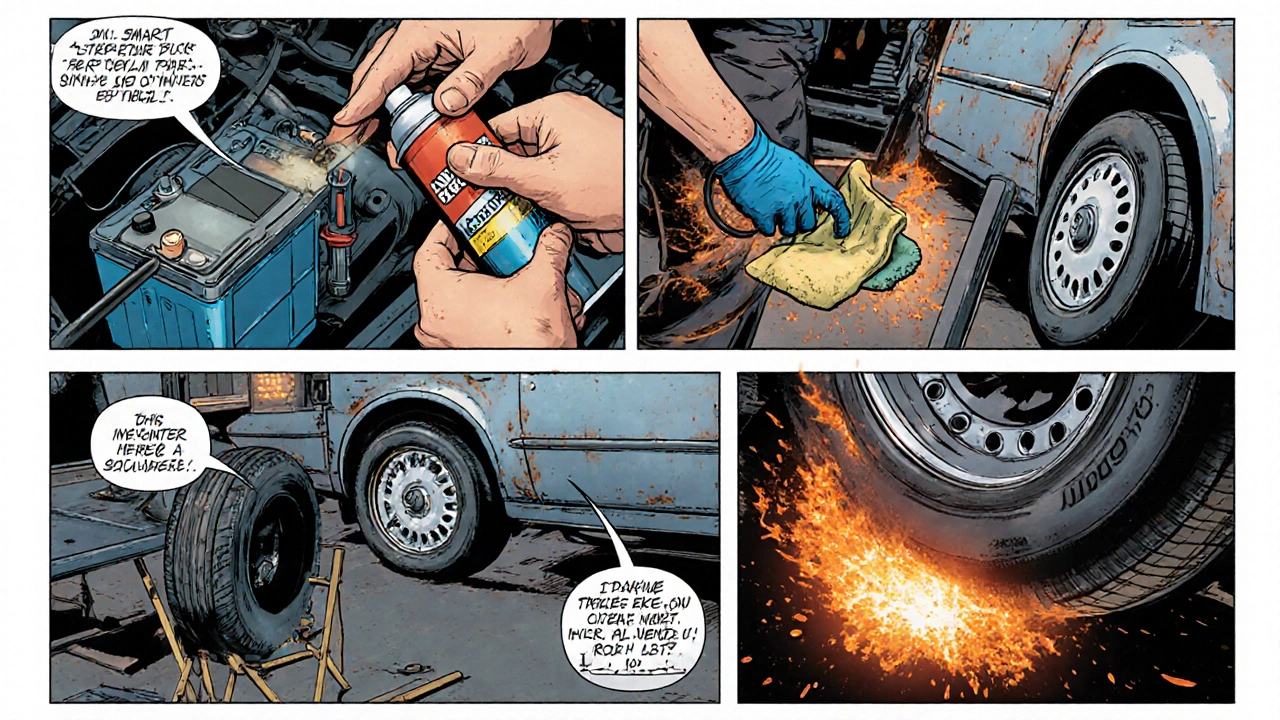 Механик обслуживает машину после трёх лет простоя: подключает зарядное, чистит кузов, проверяет уровни и заводит двигатель.