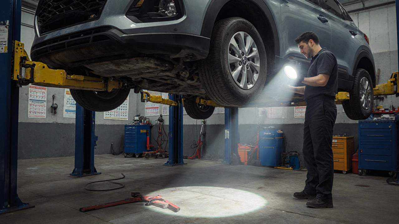 Механик осматривает днище Hyundai Creta на подъемнике, видна антикоррозийная защита