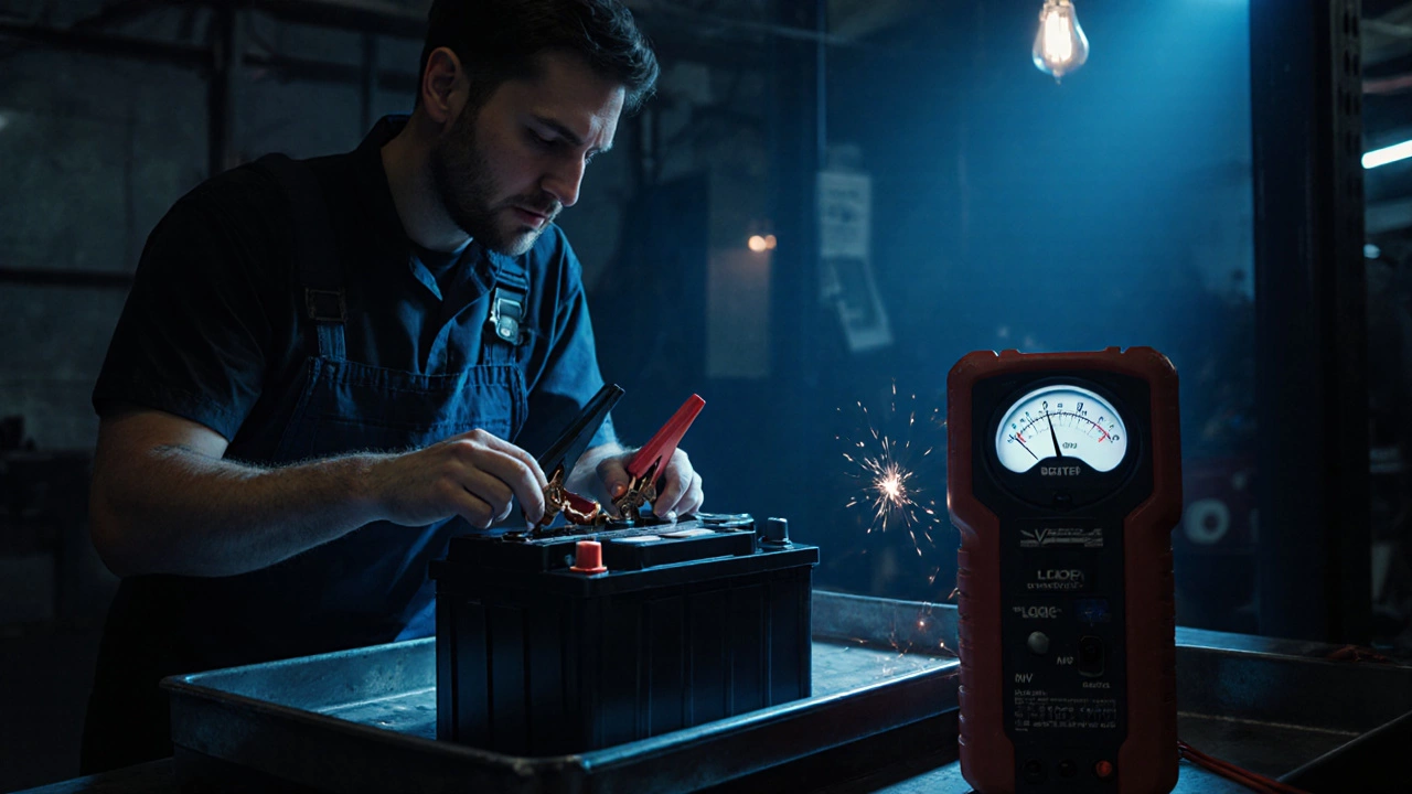 Механик проводит нагрузочный тест батареи, наблюдая падение напряжения.