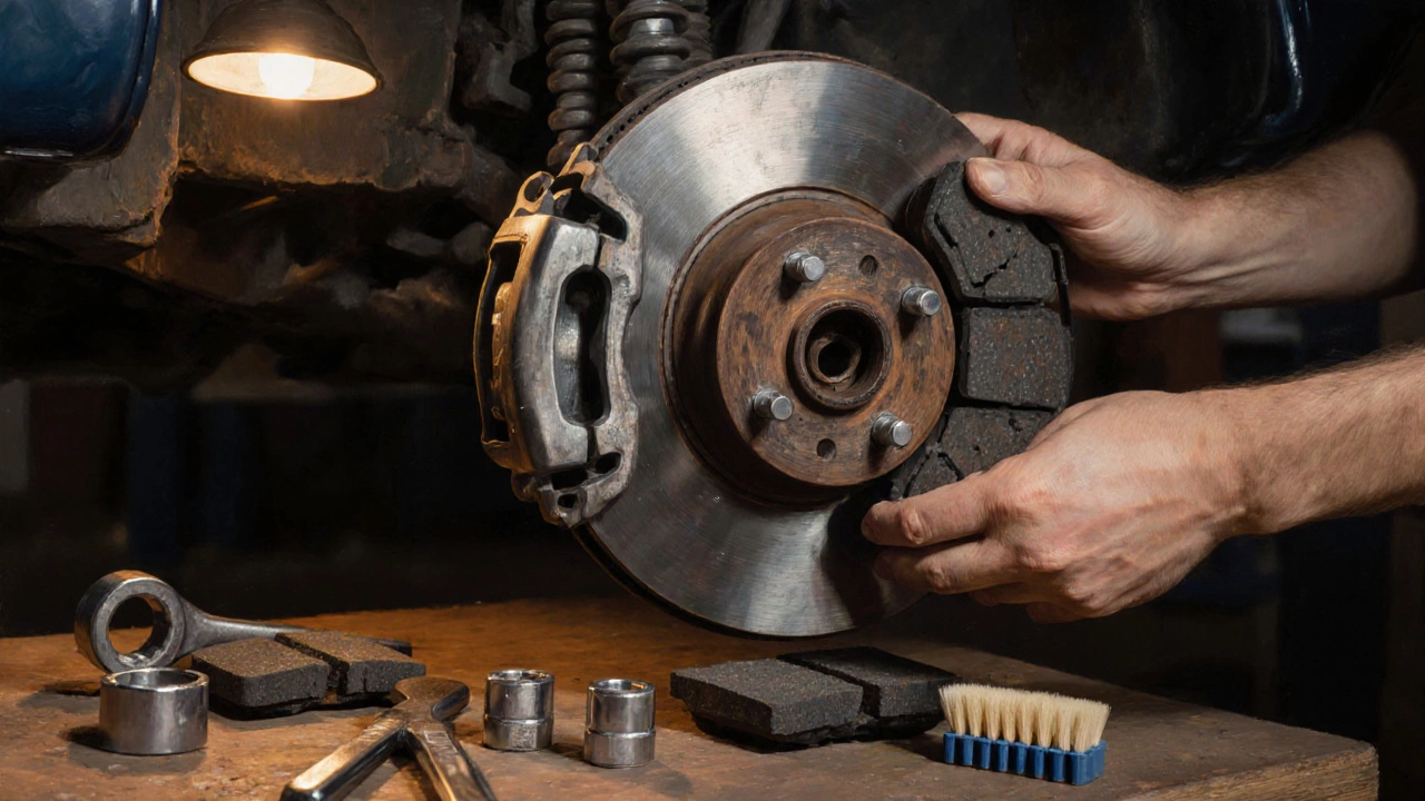 Механик устанавливает новые органические тормозные колодки в автосервисе.