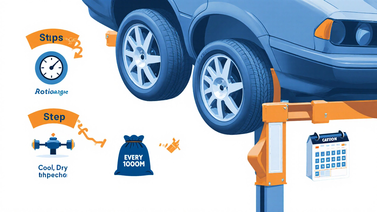 Механик вращает колёса автомобиля, рядом иконки давления, балансировки и календаря.