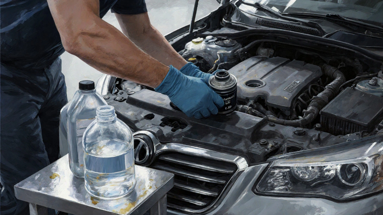 Механик заменяет масляный фильтр и проверяет охлаждающую жидкость.