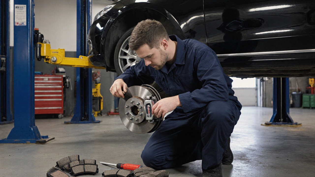 Механик заменяет тормозные колодки в автосервисе, очищая ротор и проверяя ABS.