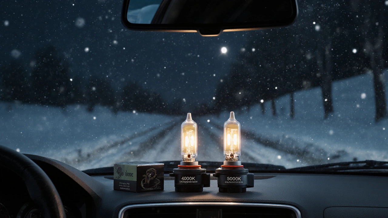 На приборной панели машины лежат две пары ламп: теплые желтые и холодные белые, за окном — зима и лето.