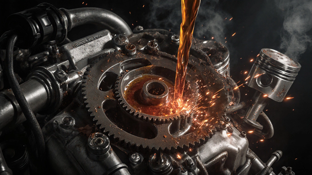 Насос пытается прокачать густое масло, вокруг искры и дым.