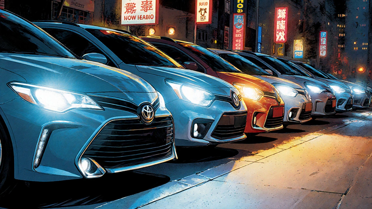 Передние фары нескольких автомобилей, использующих лампы H4, освещающие дорогу.