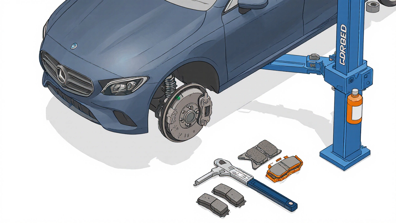 Поднятый автомобиль, новый комплект тормозных колодок и отвертка, готовые к установке.