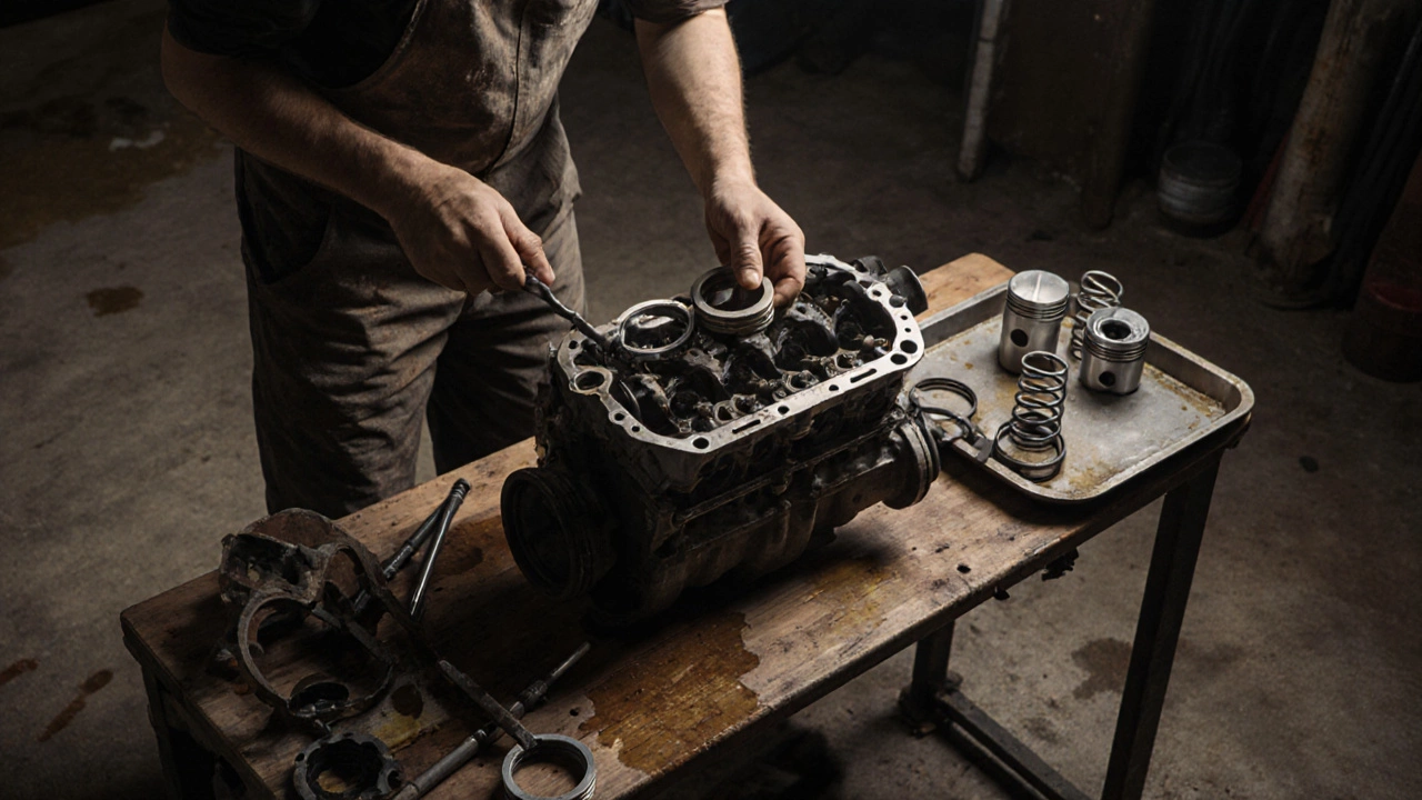 Разобранный двигатель Капитал на рабочем столе с инструментами и масляными пятнами.