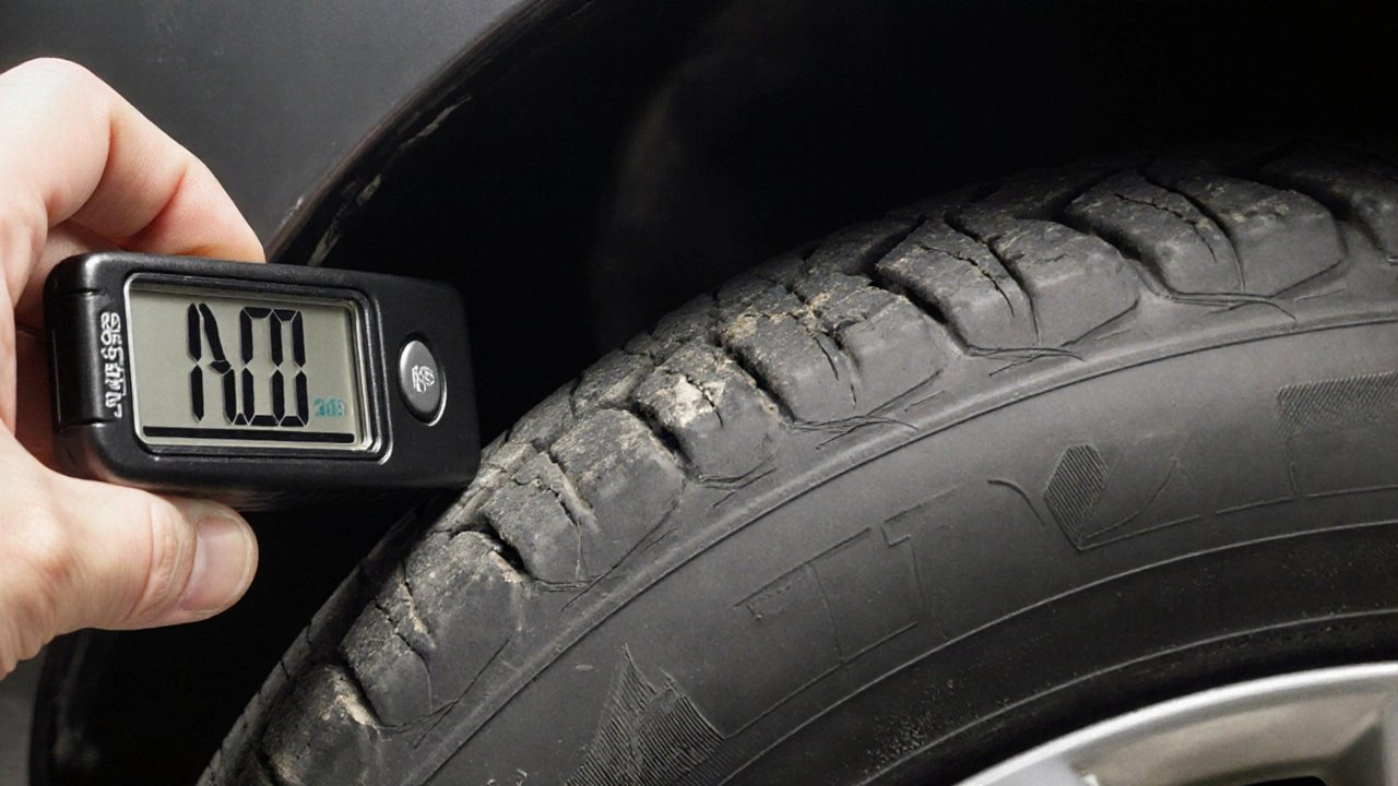 Рука измеряет глубину протектора всесезонной шины, показывая 4 мм и видимые трещины.