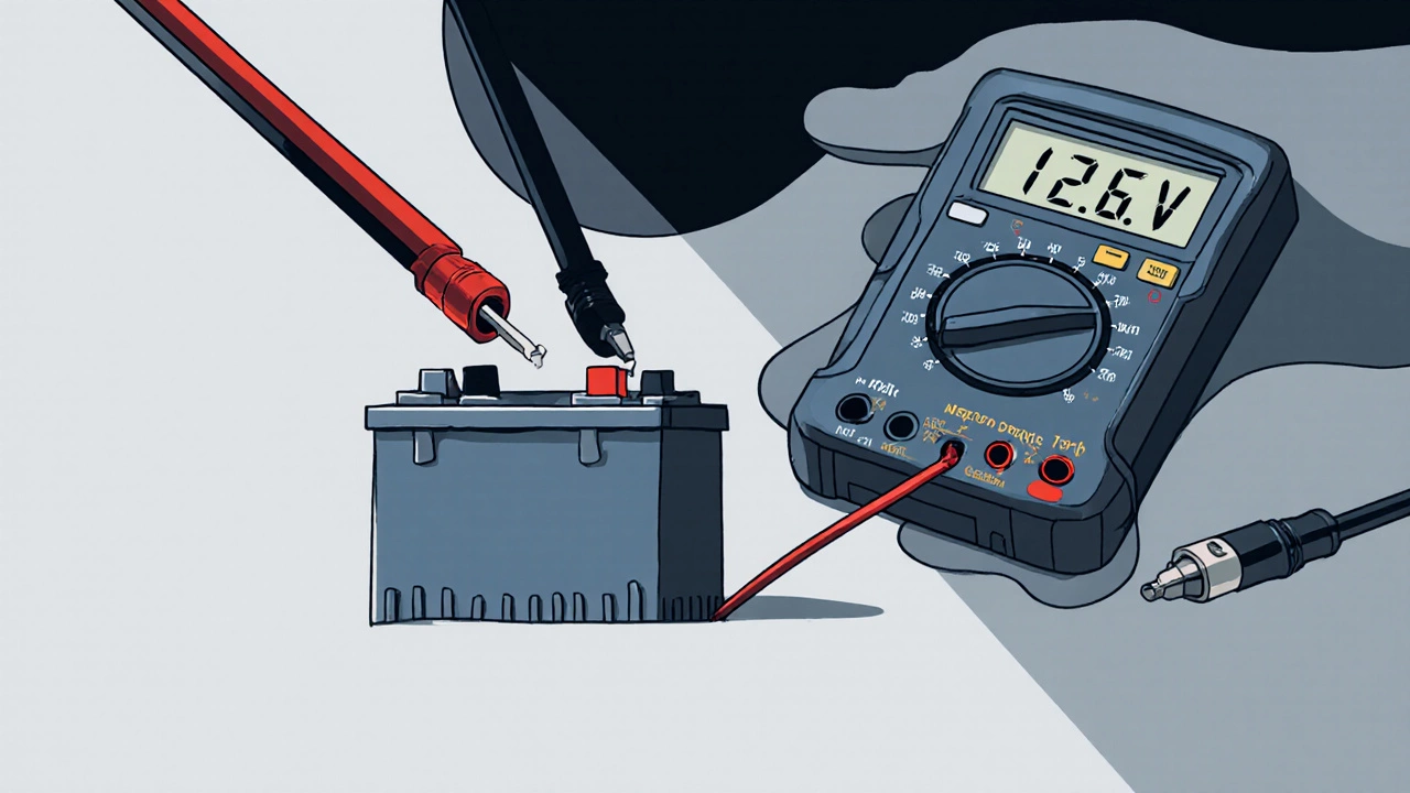 Рука измеряет напряжение батареи мультиметром, показаны клеммы.