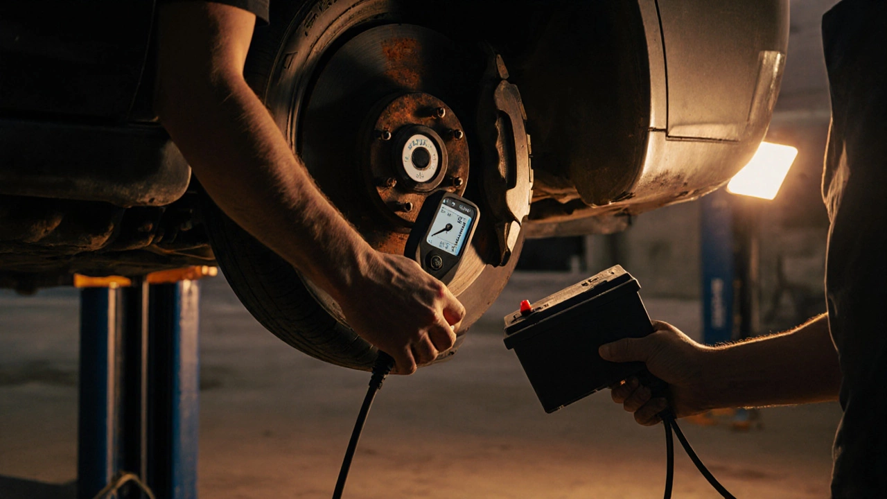 Руки механика проверяют давление в шине и подключают зарядное устройство к батарее.