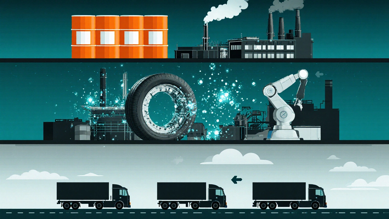 Схема, показывающая сырье, производство и логистику цены шины.