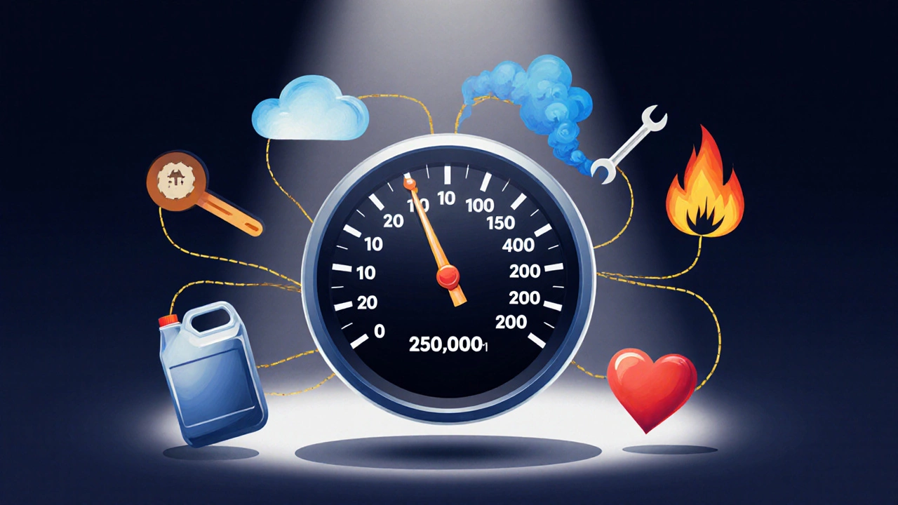 Символический счетчик пробега с признаками износа и ухода за двигателем.