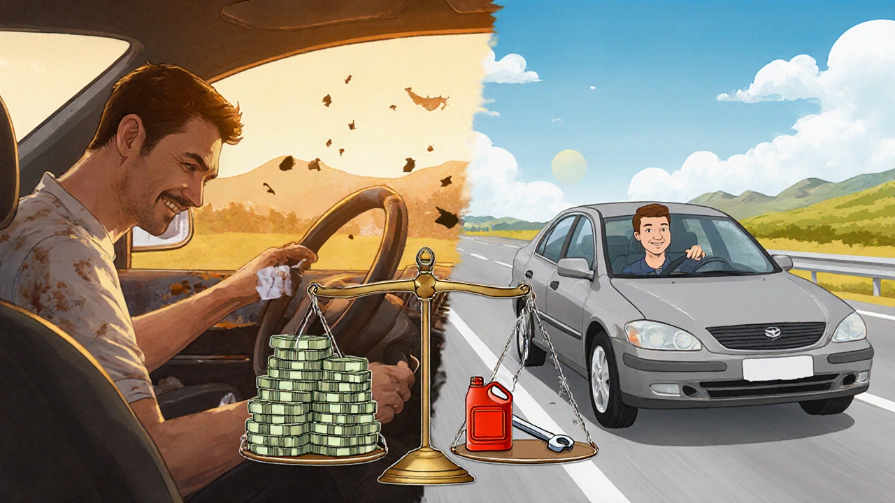 Сравнение: напряженный водитель с поврежденной машиной и спокойный — с надежной