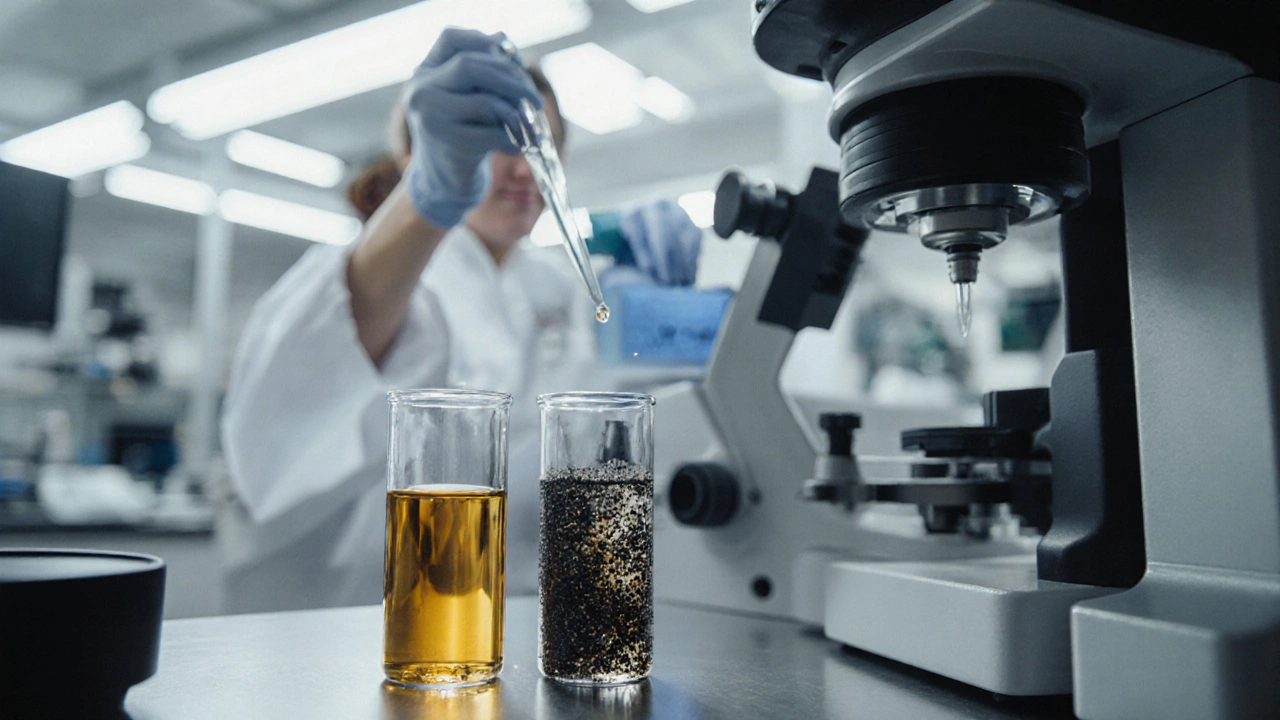Техник в лабораторном халате проверяет образцы масла в пробирках.