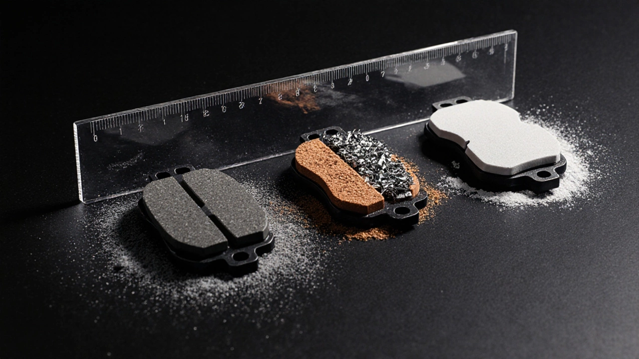 Три тормозных колодки разных материалов лежат рядом, каждая окружена характерным пылевым облаком.