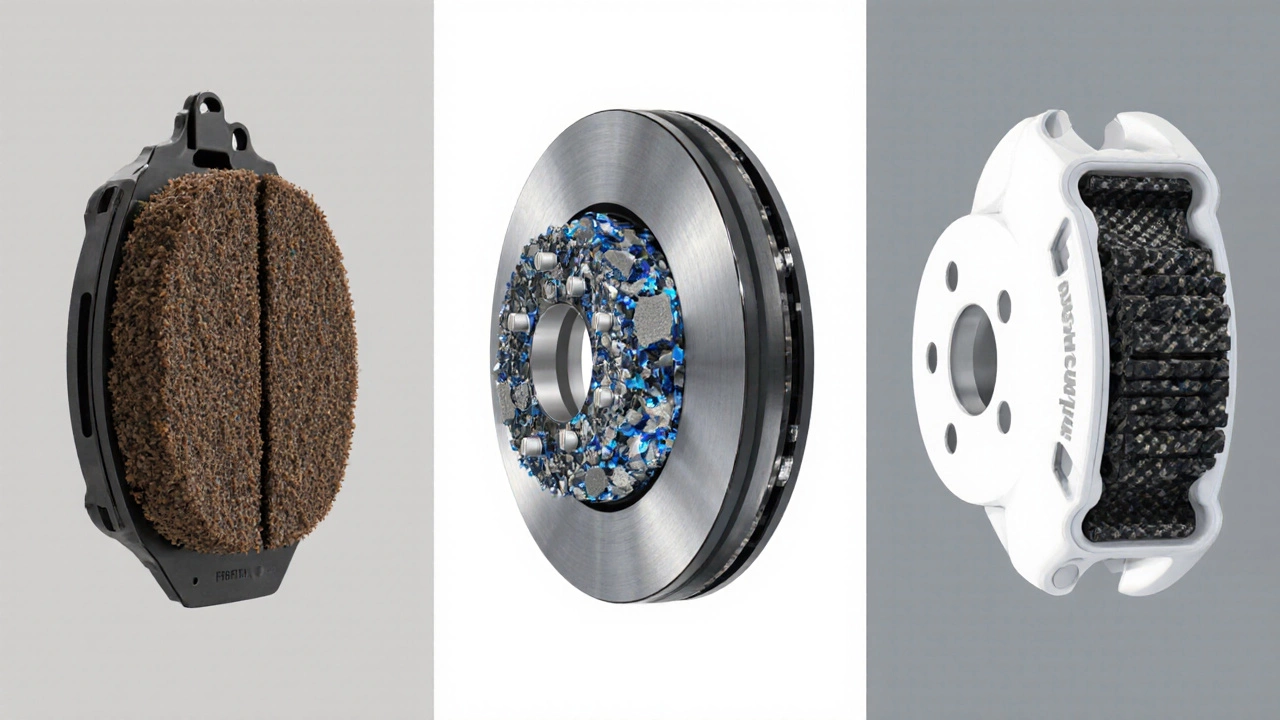 Три вида тормозных колодок — органические, полукерамические и керамические — рядом с роторами.