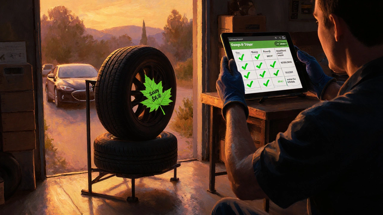 Вечерний гараж: водитель сравнивает цены на планшете, выбирая экономию.