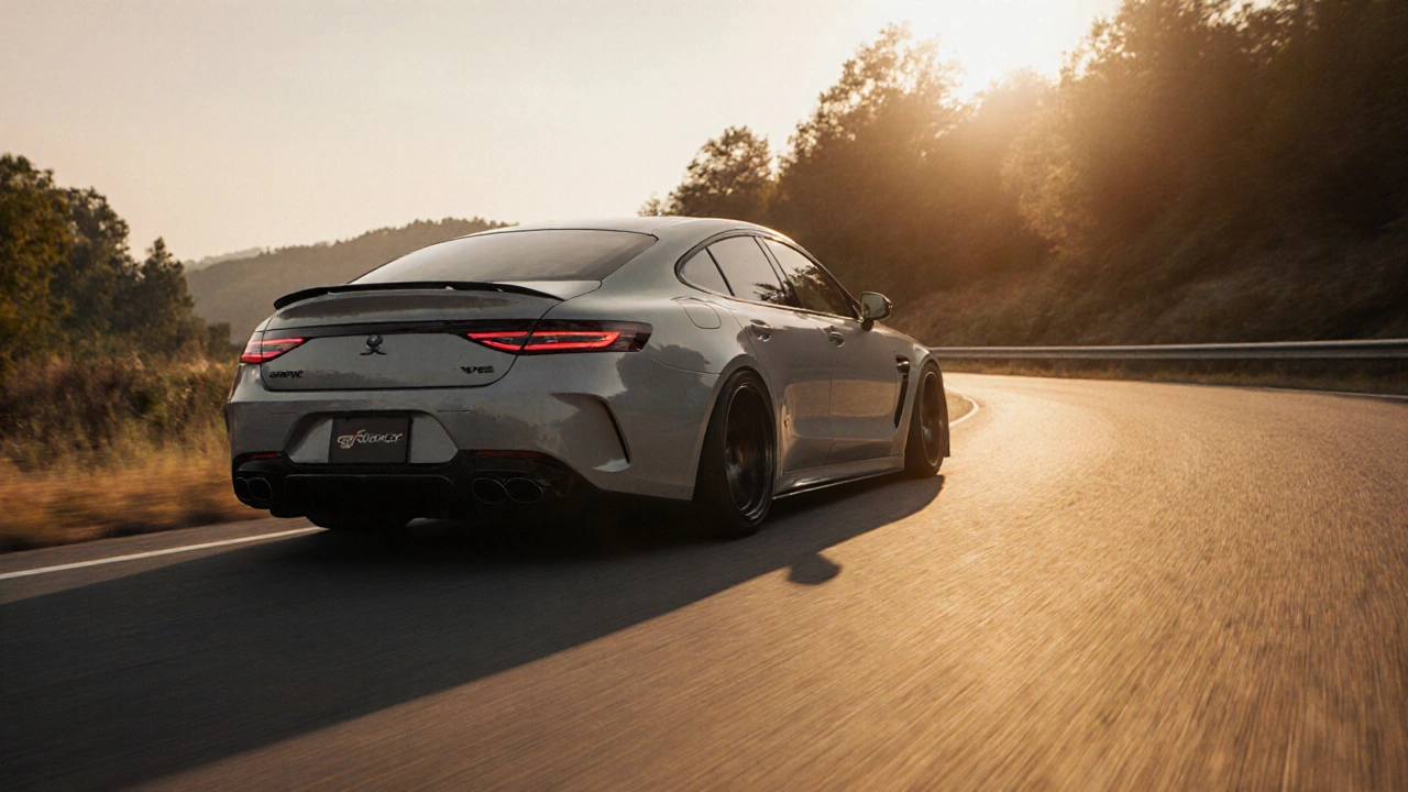 Автомобиль с улучшенной подвеской на извилистой дороге в сумерках, снижая крен при повороте.