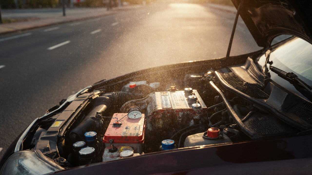 Автомобиль в жарком Краснодаре с вздутым и протекающим аккумулятором под капотом.