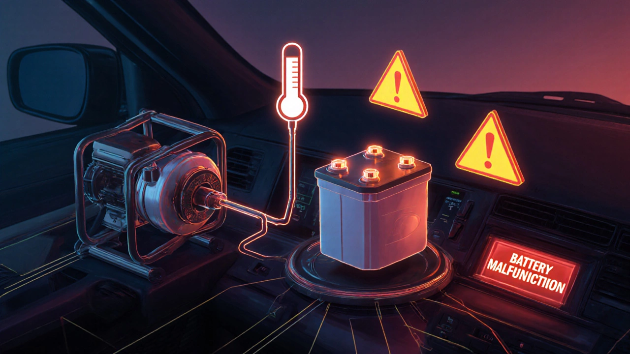 Электрическая схема автомобиля: генератор не справляется с зарядкой большого аккумулятора, появляются предупреждающие символы.