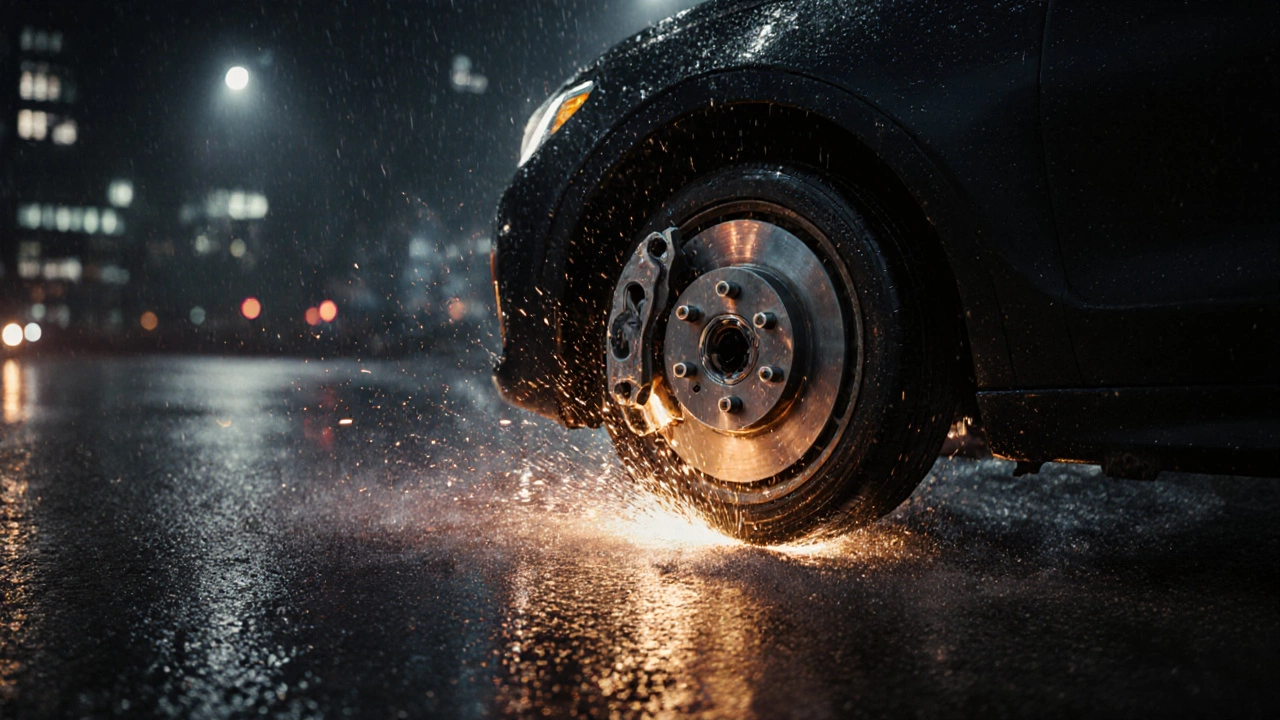 Машина тормозит на мокрой дороге, из изношенных колодок летят искры.