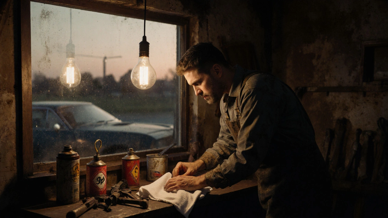 Механик проверяет масло на салфетке в старой автосервисной мастерской при вечернем свете