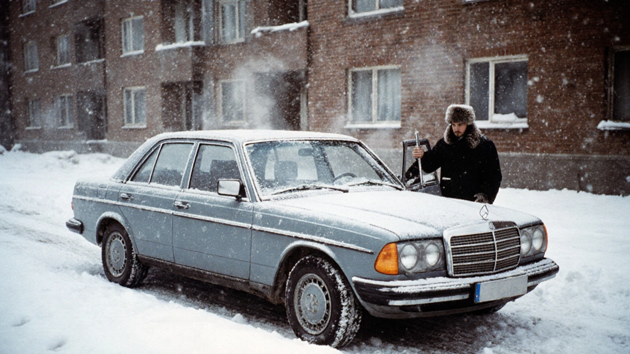 Mercedes-Benz W123 на снежной улице в России, мужчина открывает капот с гаечным ключом.