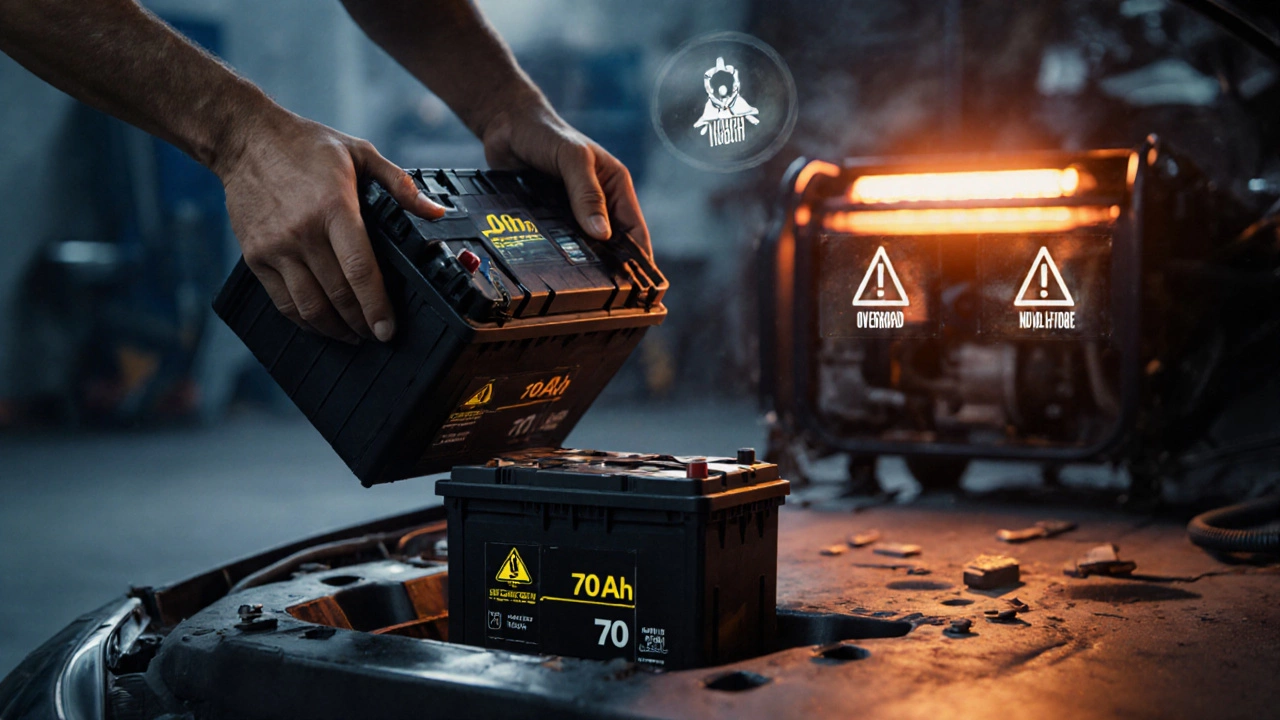 Рука устанавливает тяжёлый аккумулятор в моторный отсек, рядом лежит меньший, с предупреждающими символами перегрузки и недозаряда.