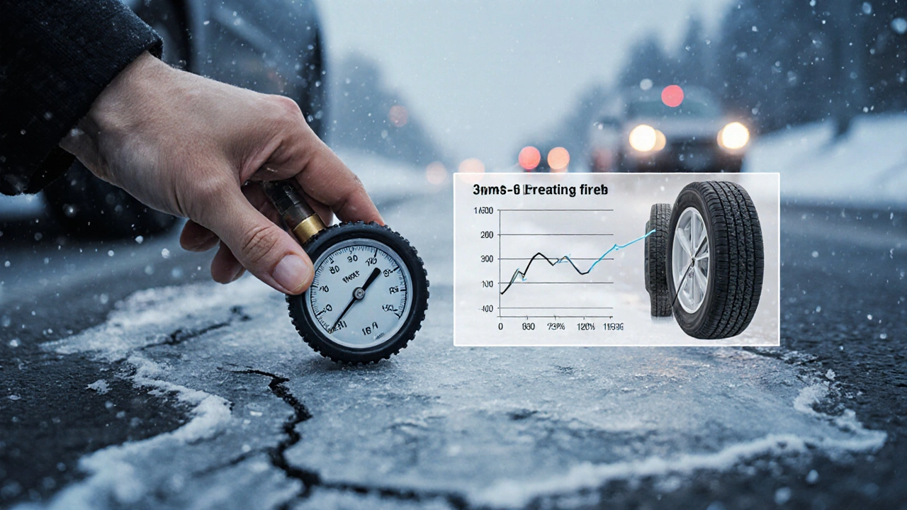 Рука водителя проверяет давление в шине на льду, прозрачный график показывает разницу между безопасной и опасной резиной, снегопад на заднем плане.