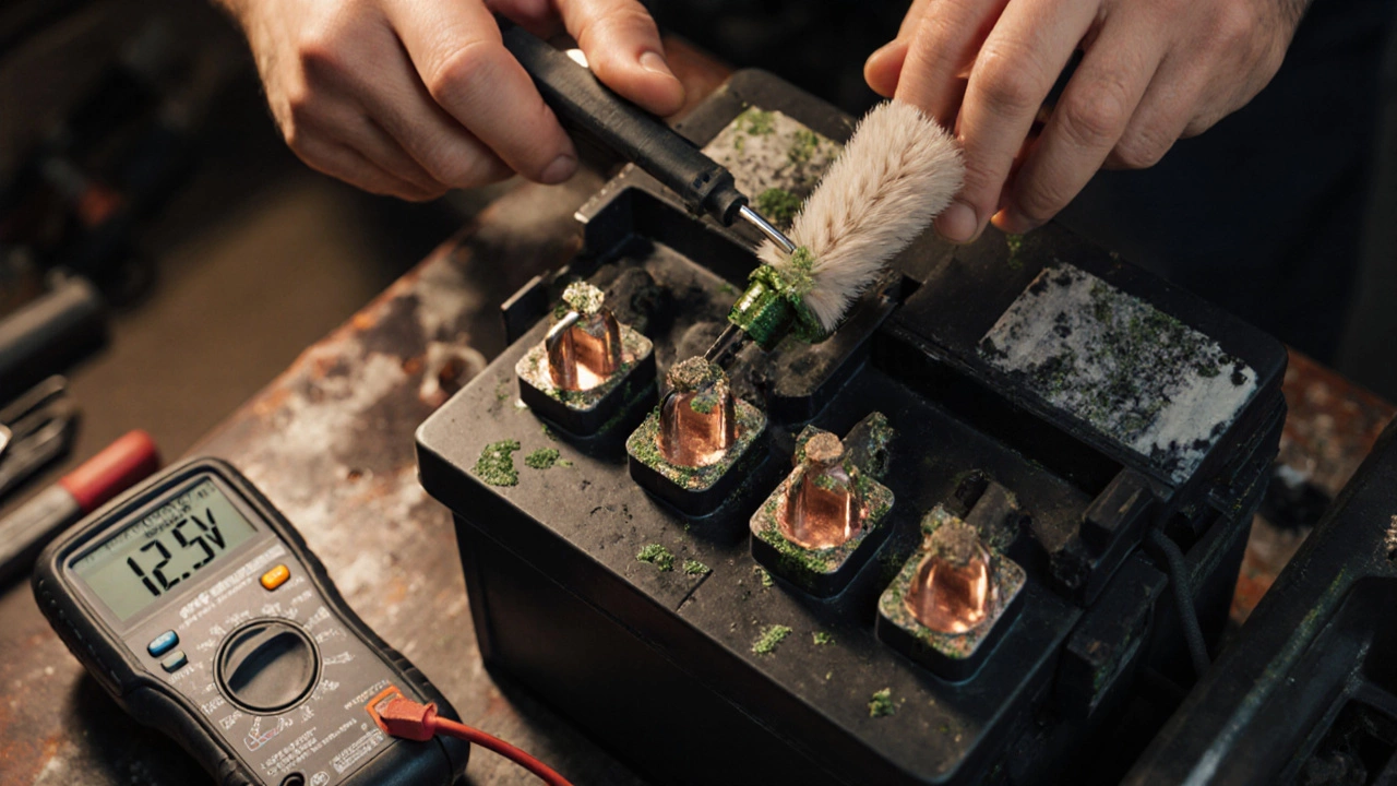 Руки очищают клеммы аккумулятора с мультиметром на фоне