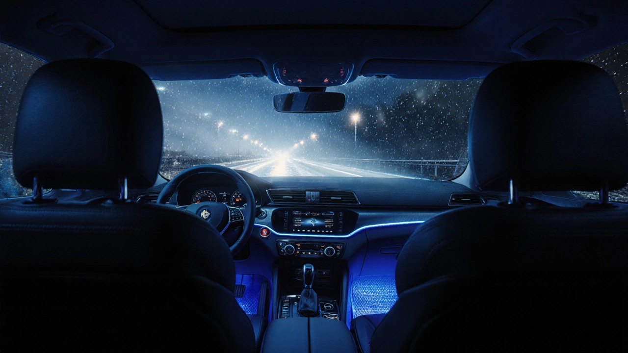 Салон автомобиля с LED-фарами и аудиосистемой, освещающий дождливую ночную дорогу.
